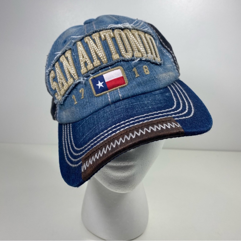 Pit Bull San Antonio Texas Distressed Frayed Edge Denim Adjustable Ball Cap Hat
